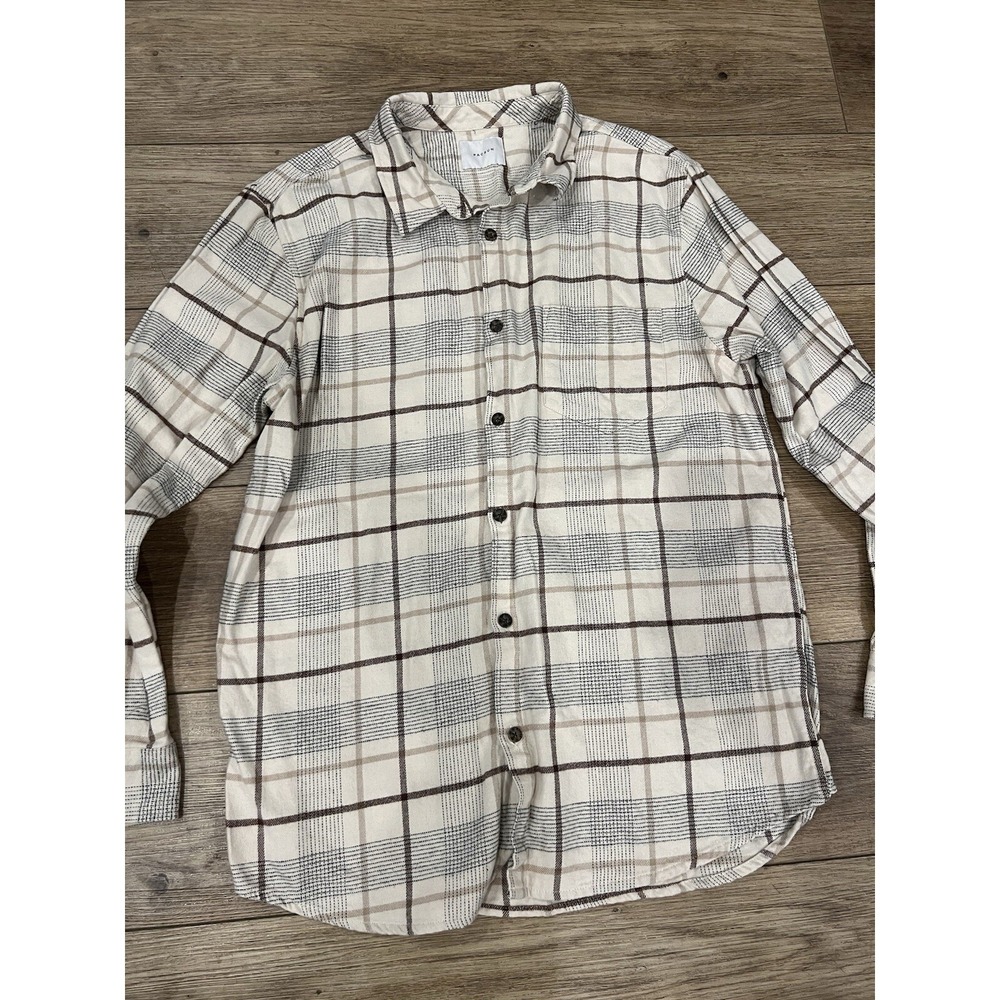PACSUN Men's Large Flannel Plaid Beige‎ Multicolor Button Up S1